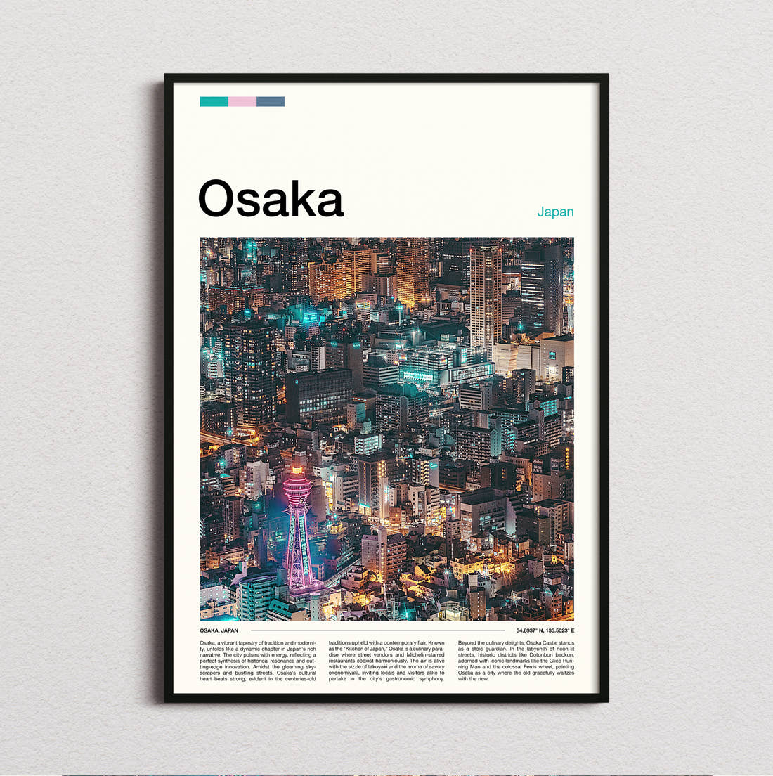 Osaka Neon City At Night Travel Print framed and photographed straight on