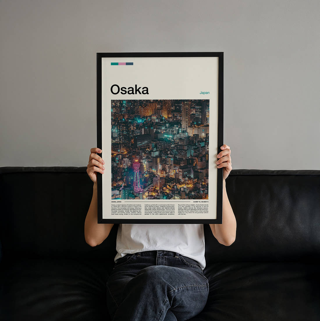 Osaka Neon City At Night Travel Print held up by hand to show the size of the print