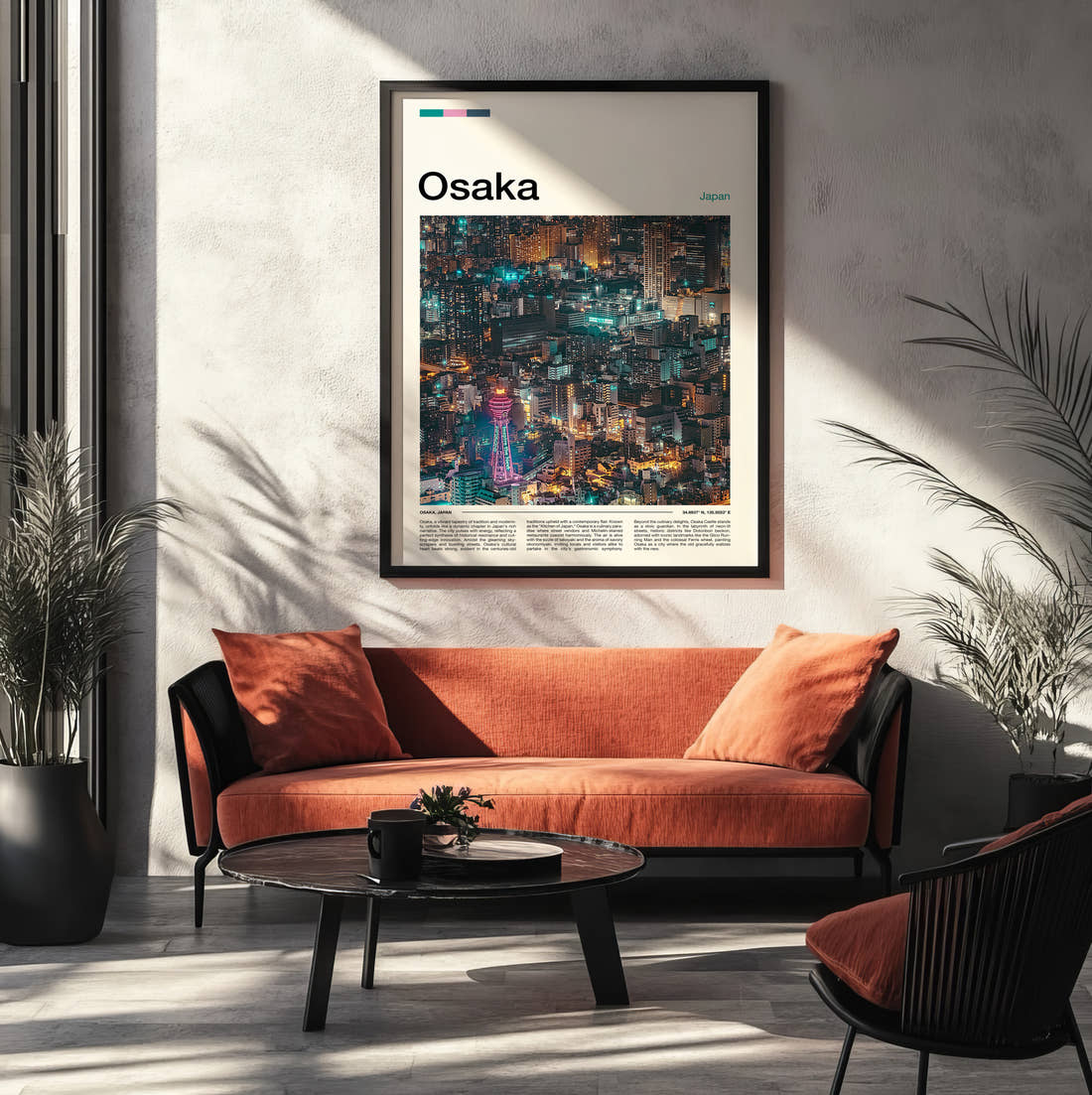 Osaka Neon City At Night Travel Print framed on the wall of a modern living room