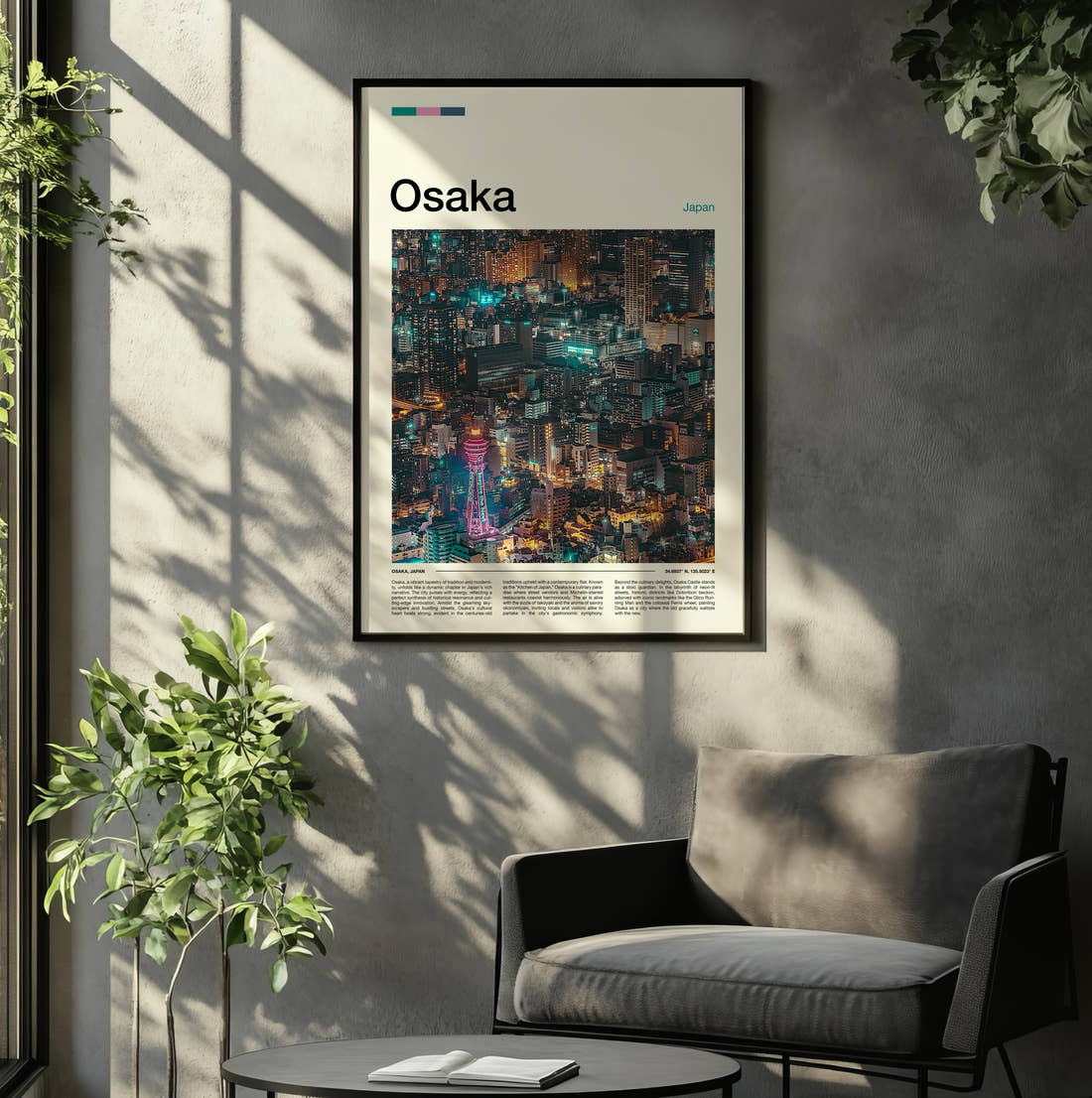 Osaka Neon City At Night Travel Print framed on the wall of a relaxed living room