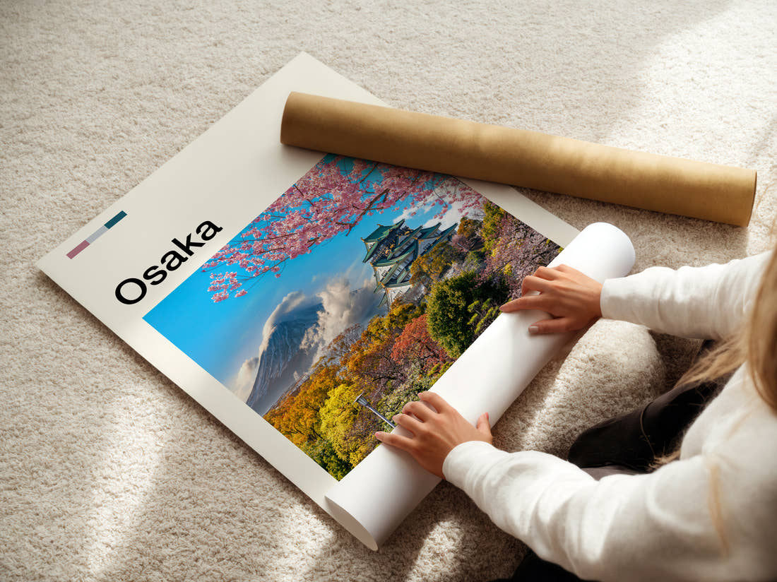 Osaka Castle Among Cherry Blossoms Travel Print being unrolled from its postal tube