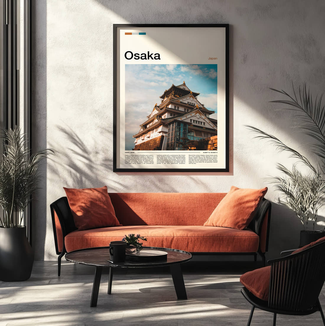 Osaka Castle Tower Travel Print framed on the wall of a modern living room