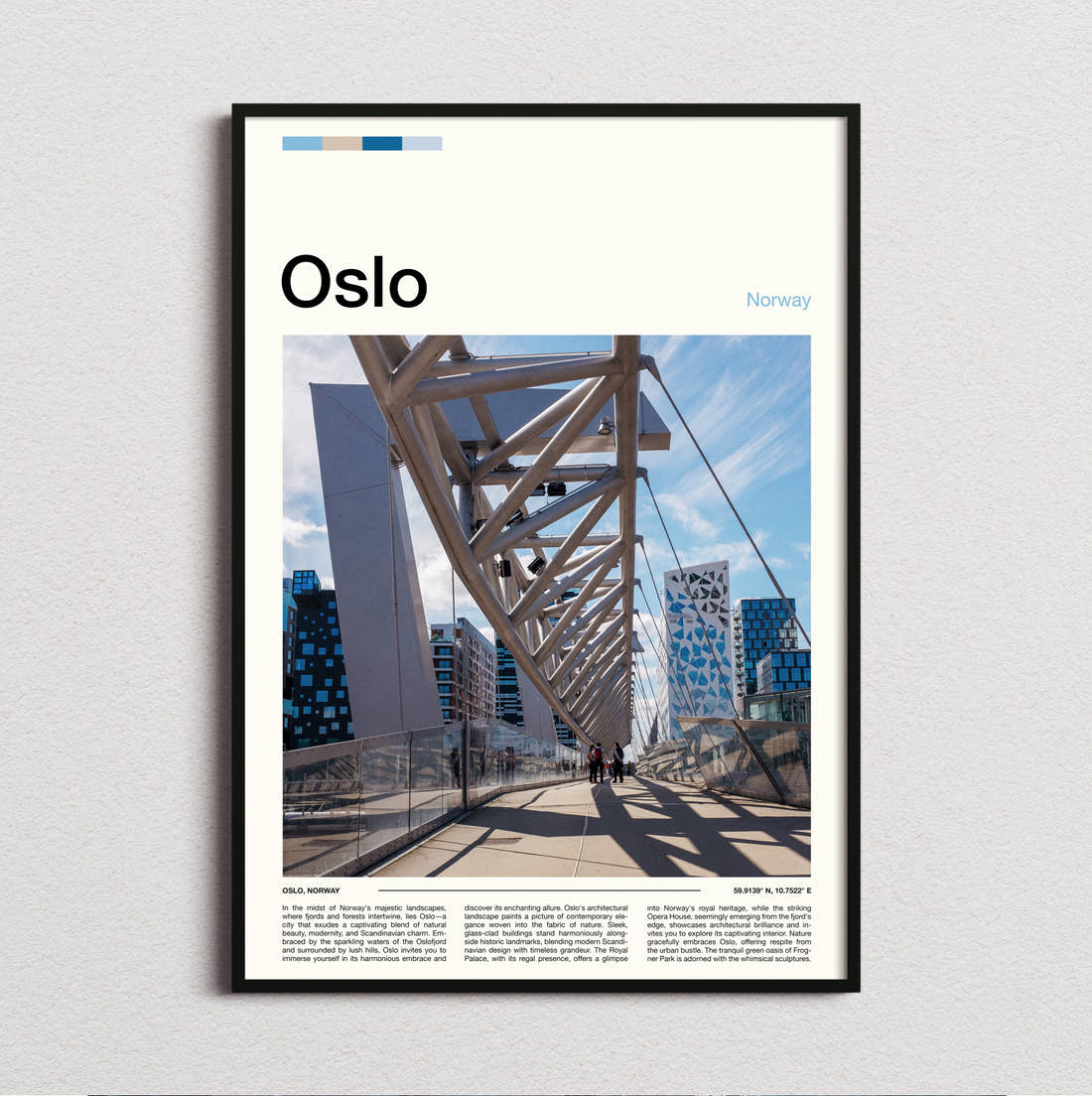 Oslo Pedestrian Bridge Travel Print framed and photographed straight on