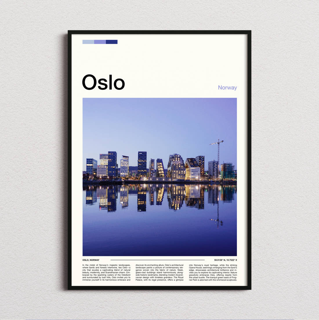 Oslo Waterfront Skyline At Dusk Travel Print framed and photographed straight on