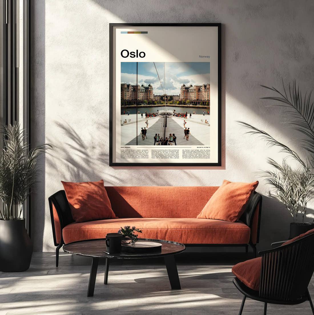 Oslo Opera House Roof Travel Print framed on the wall of a modern living room