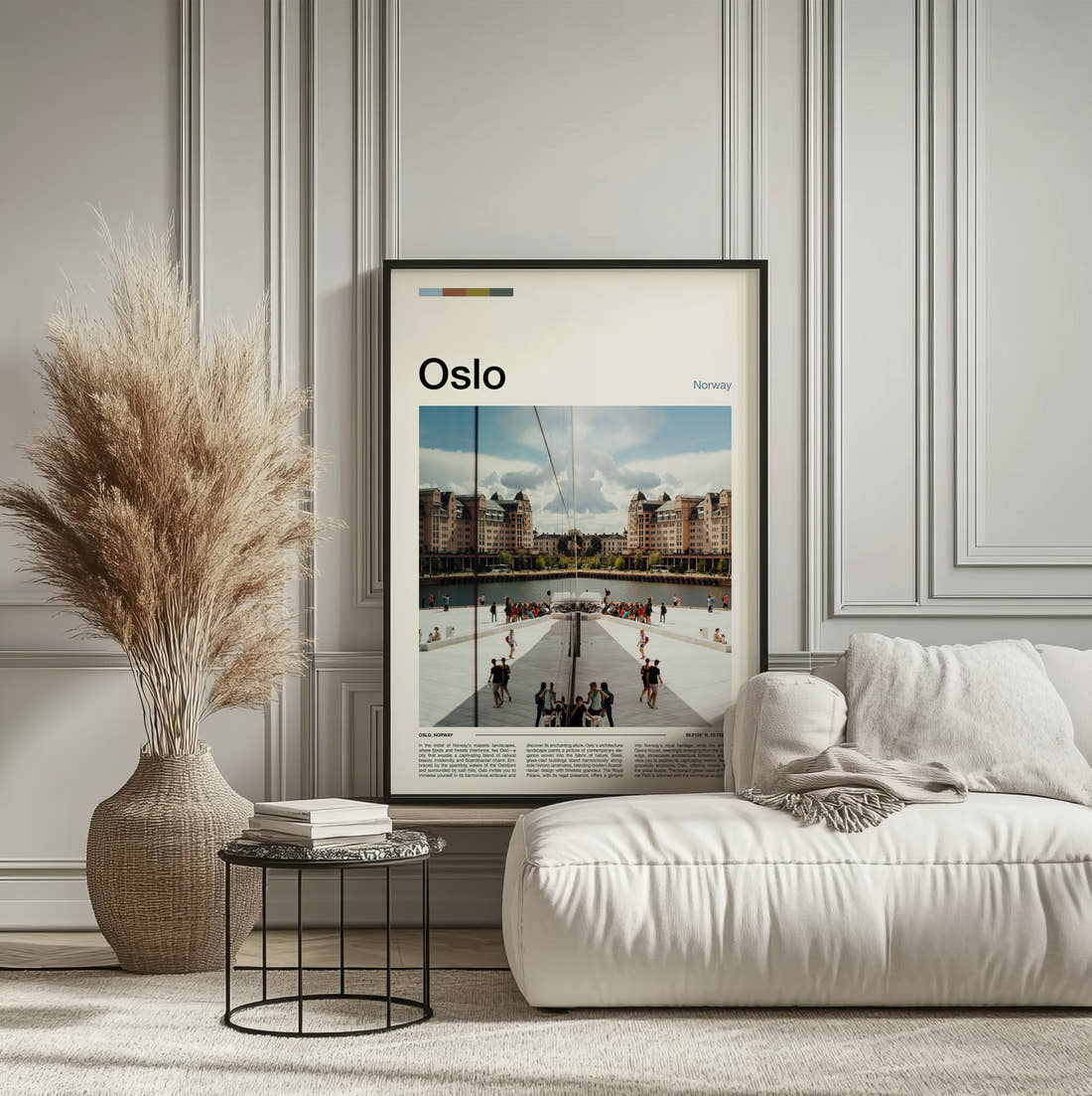 Oslo Opera House Roof Travel Print framed on the wall of a calm, neutral bedroom