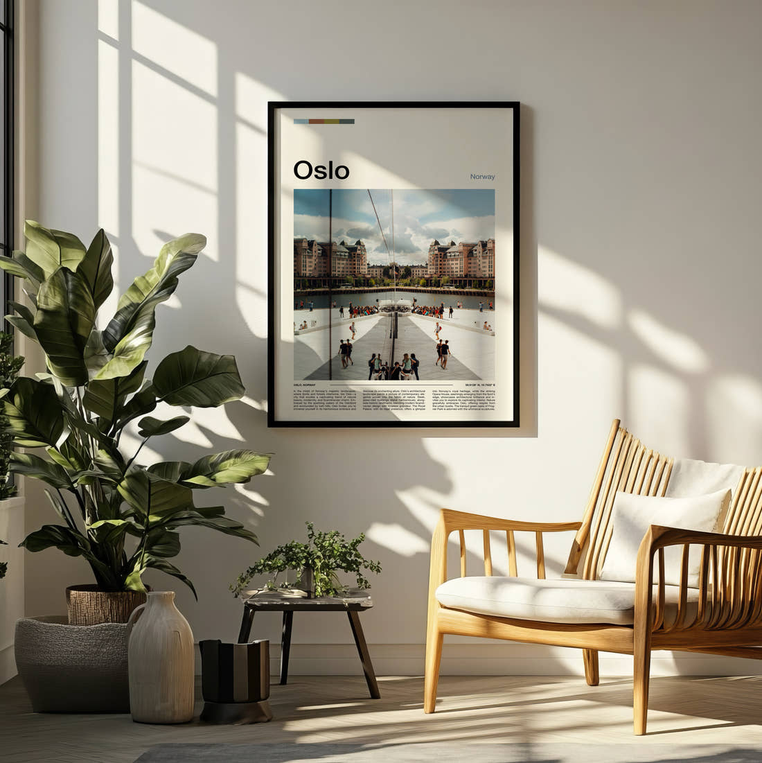 Oslo Opera House Roof Travel Print framed on a pale wall beside houseplants