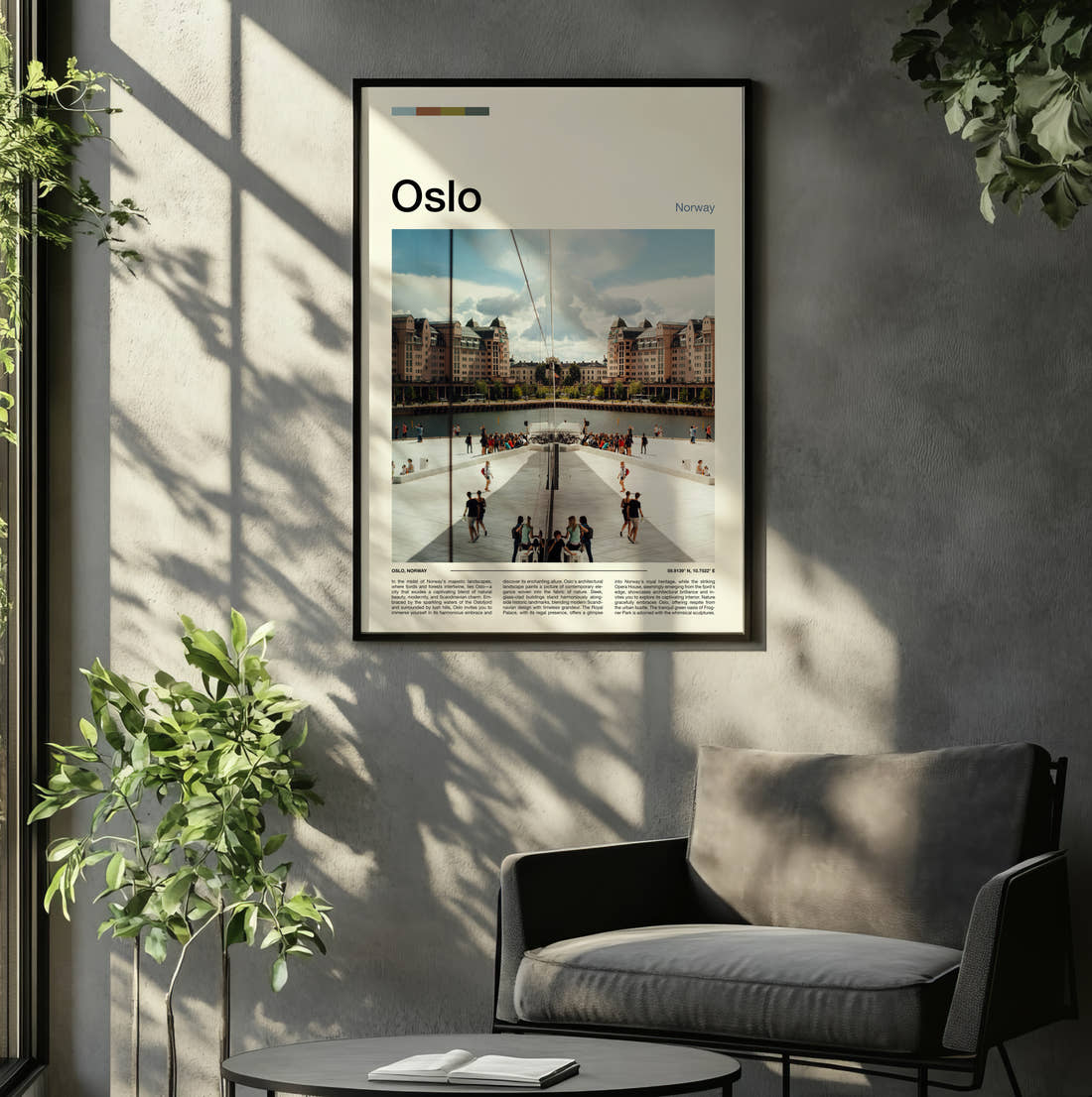 Oslo Opera House Roof Travel Print framed on the wall of a relaxed living room