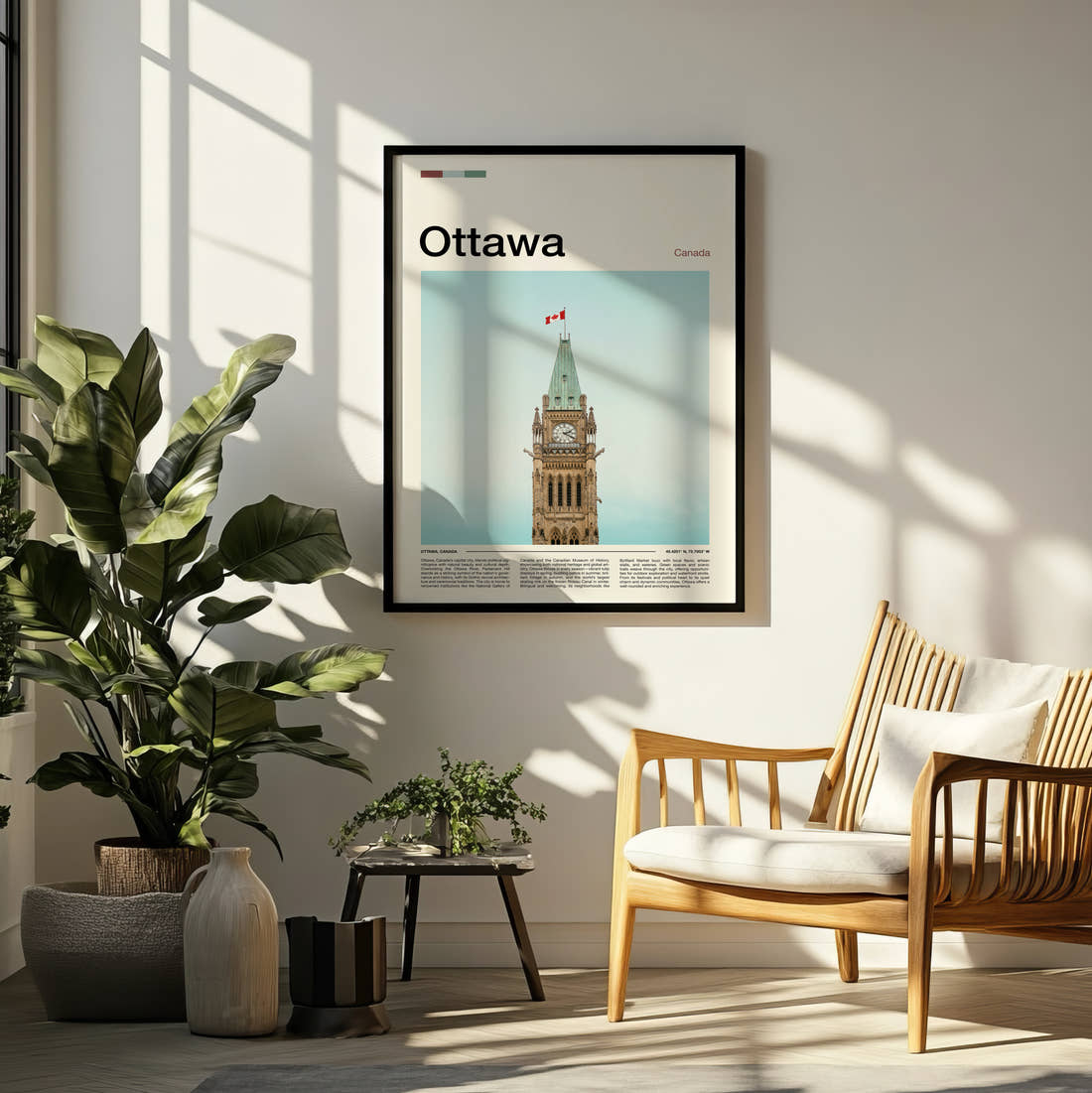 Ottawa Peace Tower Travel Print framed on a pale wall beside houseplants