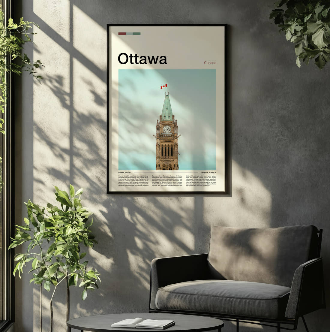 Ottawa Peace Tower Travel Print framed on the wall of a relaxed living room