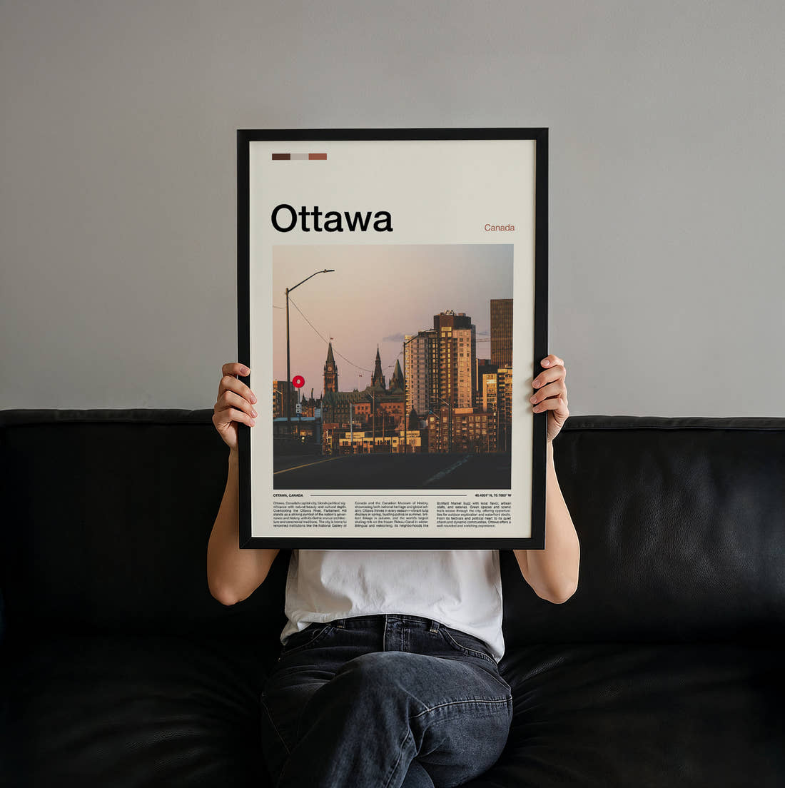 Ottawa City Buildings At Dusk Travel Print held up by hand to show the size of the print