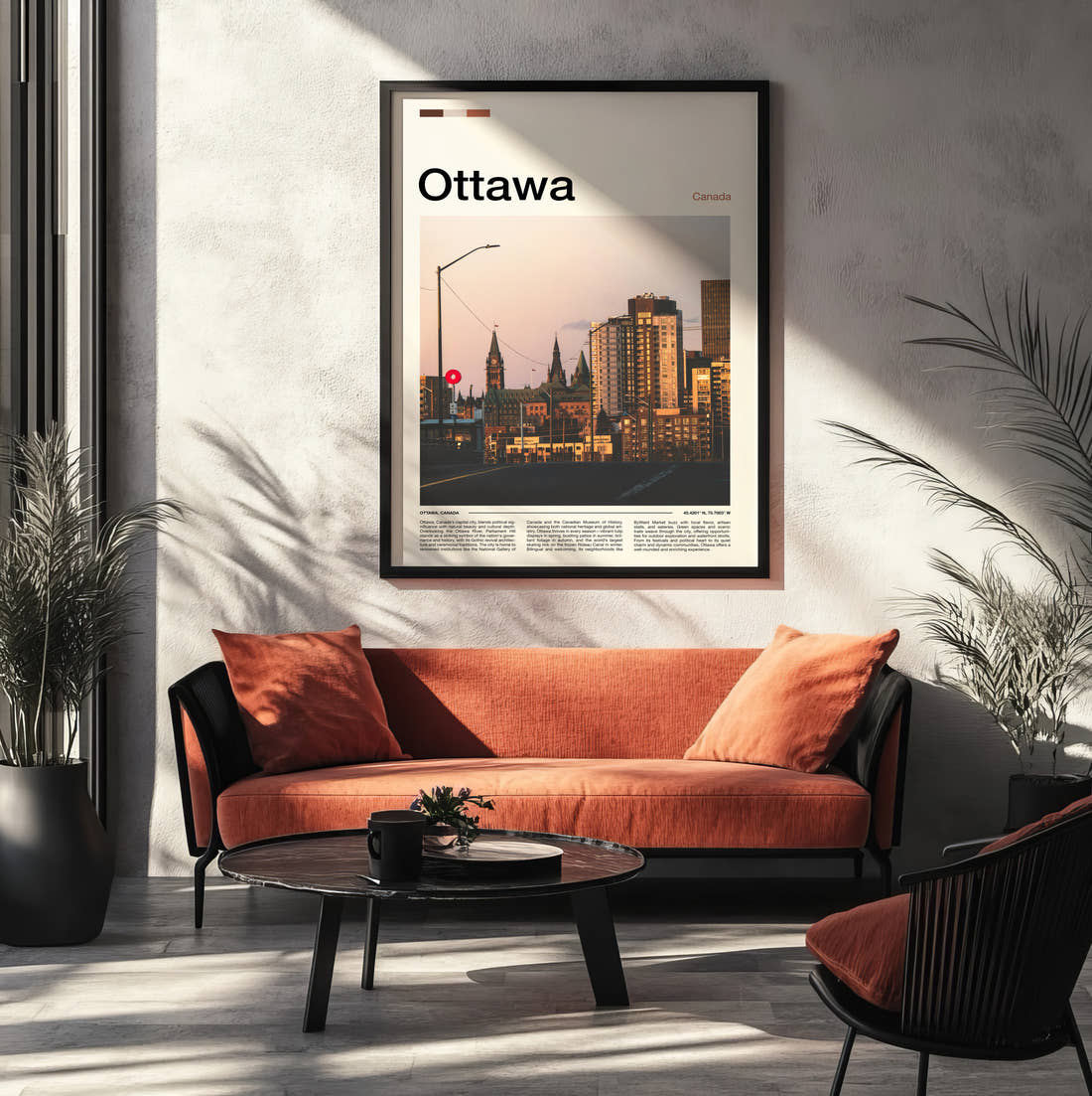 Ottawa City Buildings At Dusk Travel Print framed on the wall of a modern living room