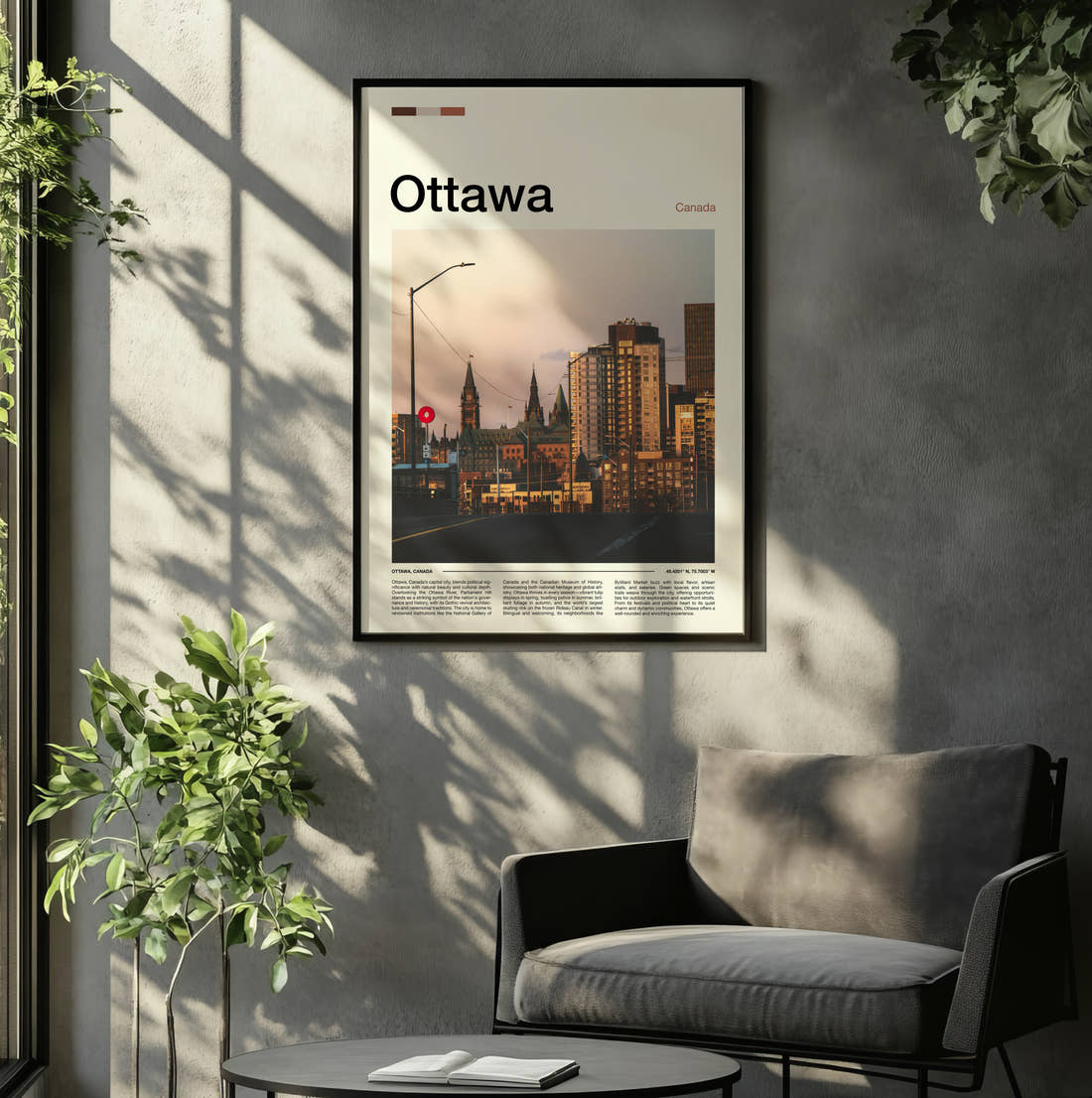 Ottawa City Buildings At Dusk Travel Print framed on the wall of a relaxed living room