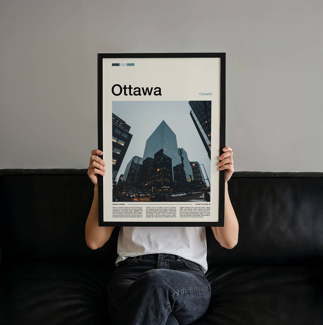Ottawa Glass Skyscrapers Travel Print held up by hand to show the size of the print