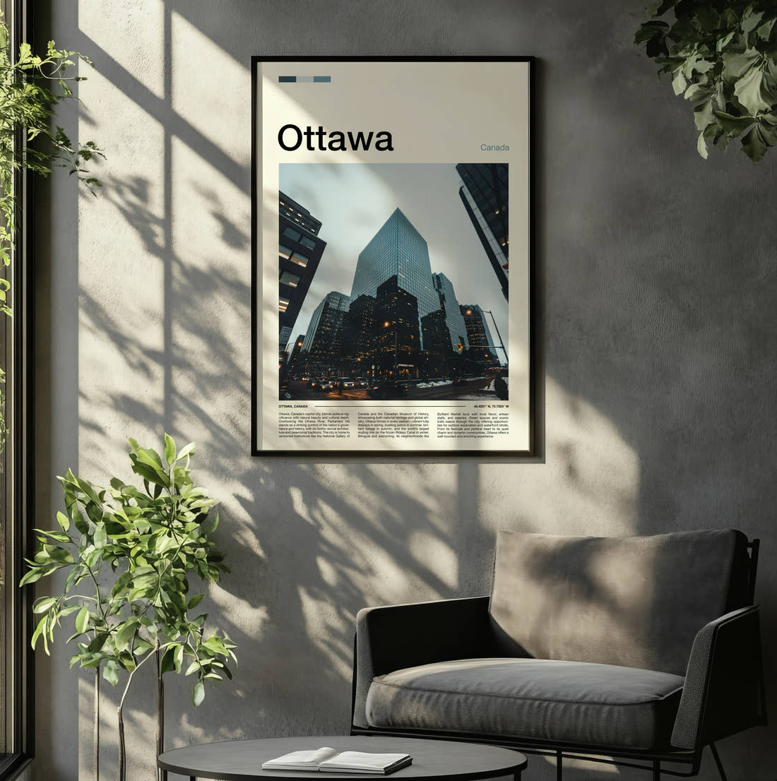 Ottawa Glass Skyscrapers Travel Print framed on the wall of a relaxed living room