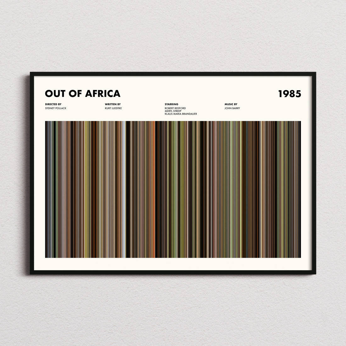 Out of Africa Movie Barcode Poster framed and photographed straight on