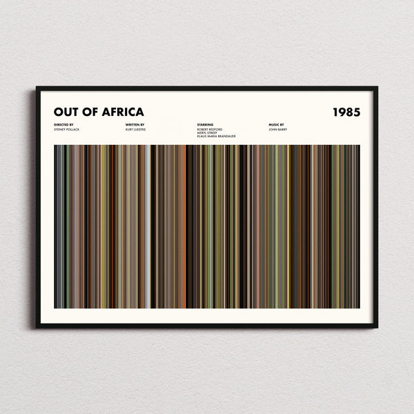 Out of Africa Movie Barcode Poster framed and photographed straight on