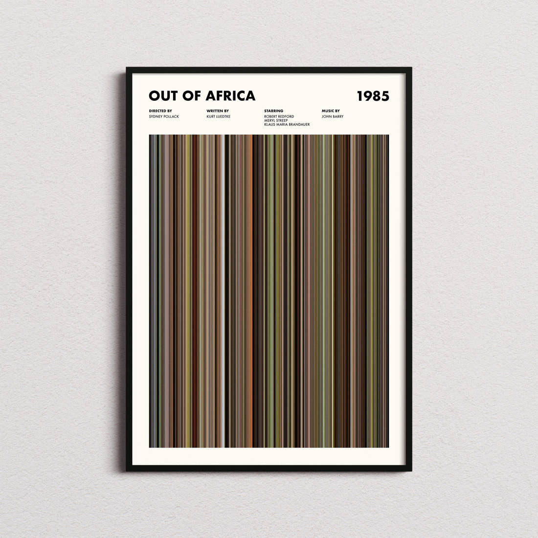Out of Africa Movie Barcode Poster framed on a plain studio wall