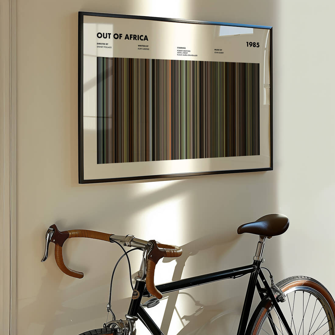 Out of Africa Movie Barcode Poster framed on the wall of a styled room setting