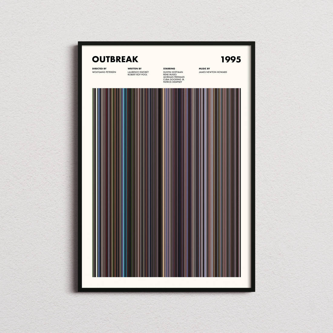 Outbreak Movie Barcode Poster framed on a plain studio wall