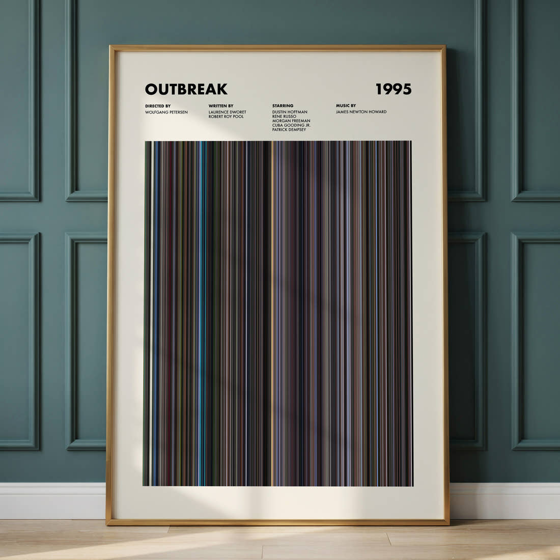 Outbreak Movie Barcode Poster framed and leaning against a panelled wall