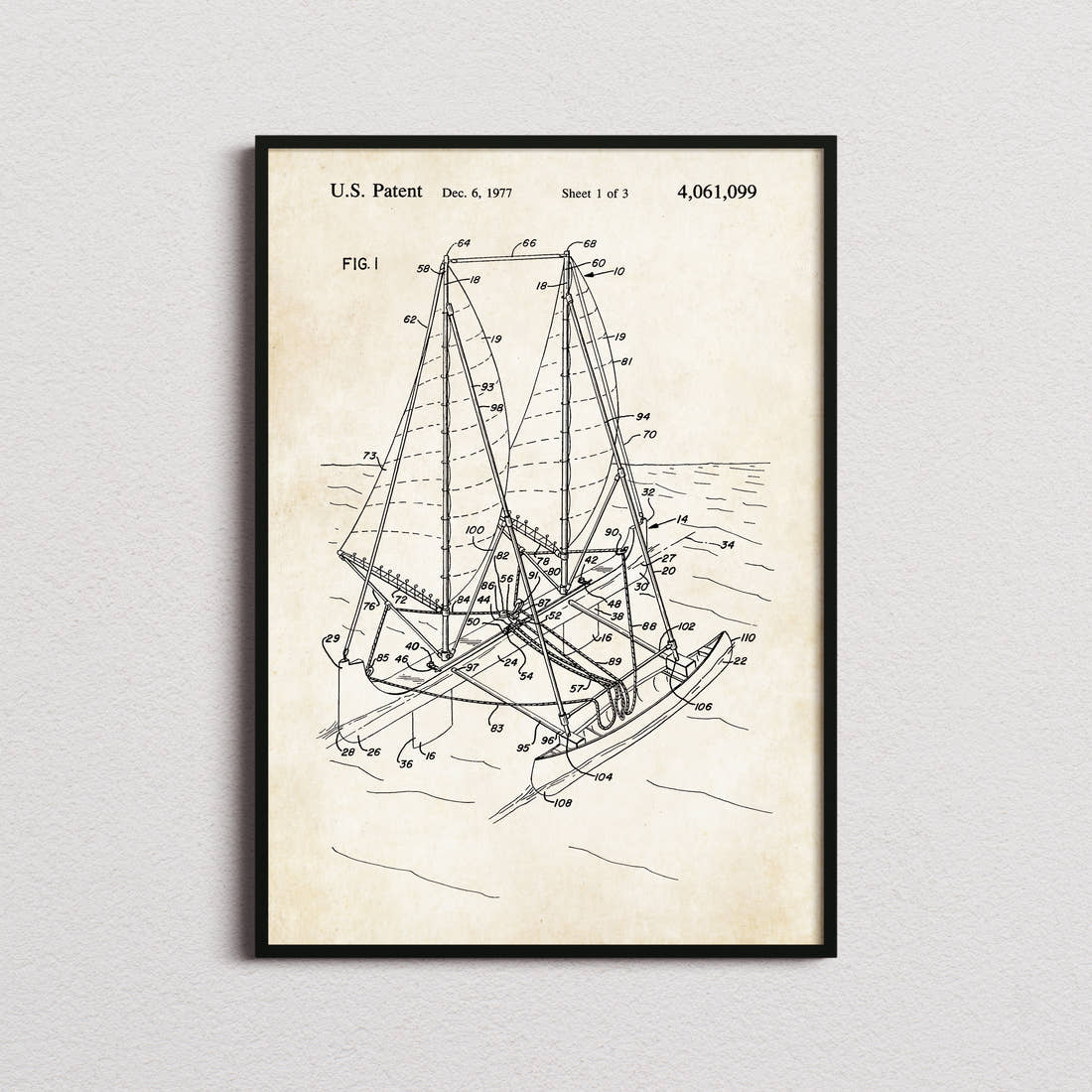 Outrigger Sailboat Patent Print in the aged paper colourway, framed