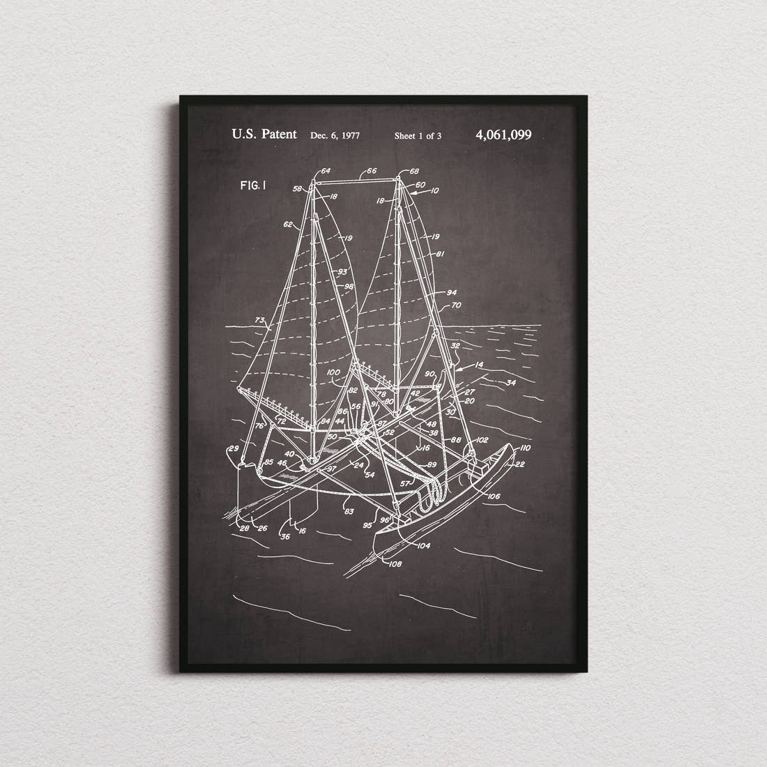 Outrigger Sailboat Patent Print in the blackboard colourway, framed