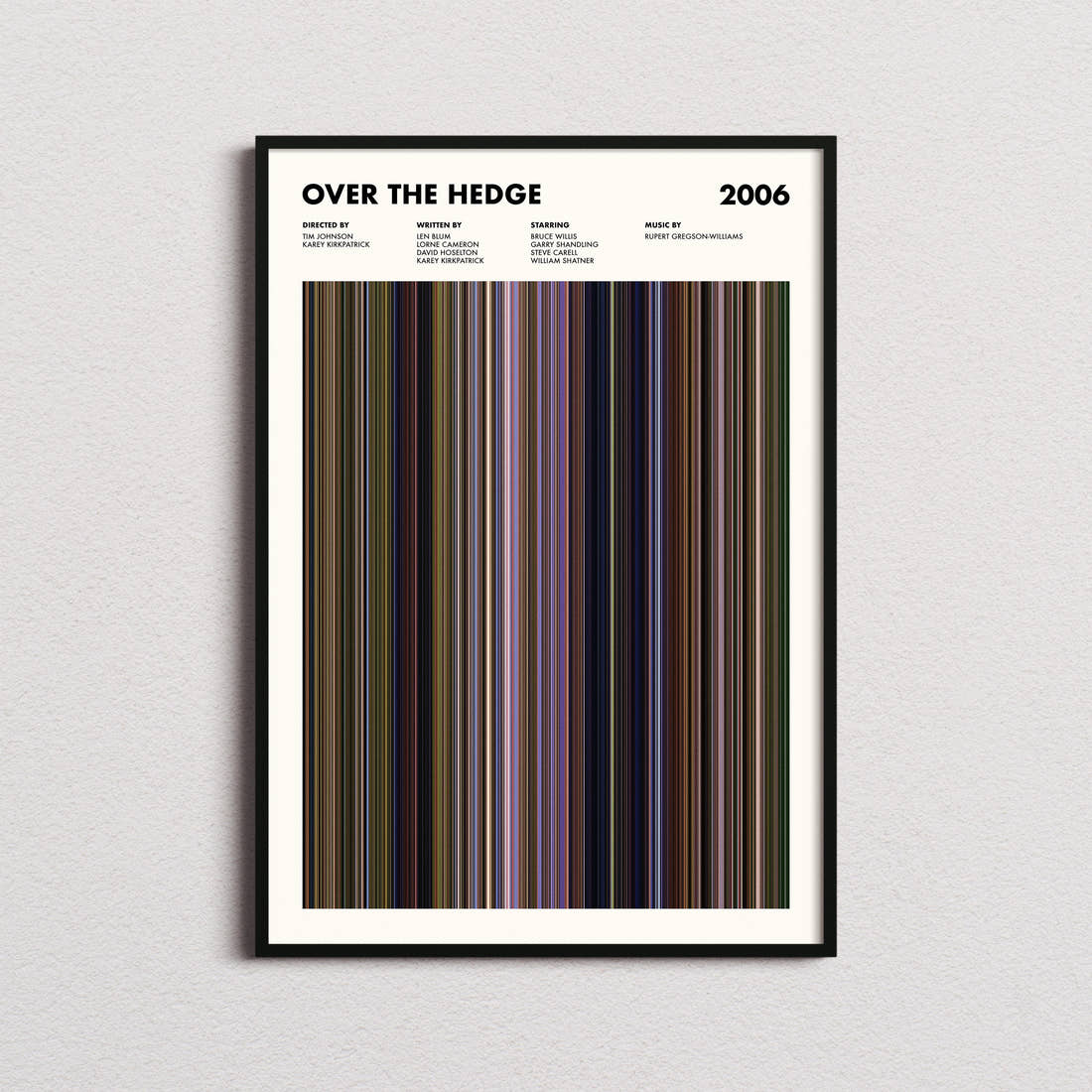 Over The Hedge Movie Barcode Poster framed on a plain studio wall