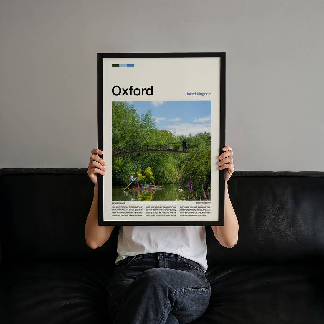 Oxford River Punting Scene Travel Print held up by hand to show the size of the print