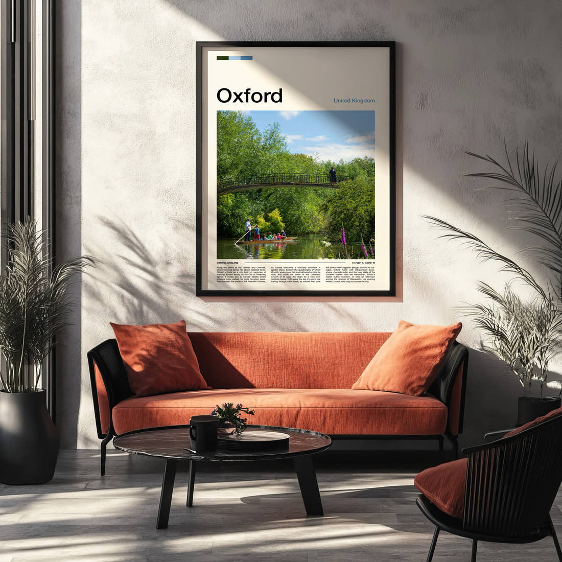 Oxford River Punting Scene Travel Print framed on the wall of a modern living room