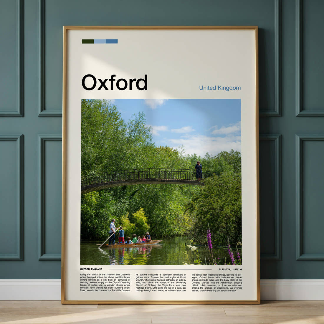 Oxford River Punting Scene Travel Print framed on the wall of a calm, neutral bedroom