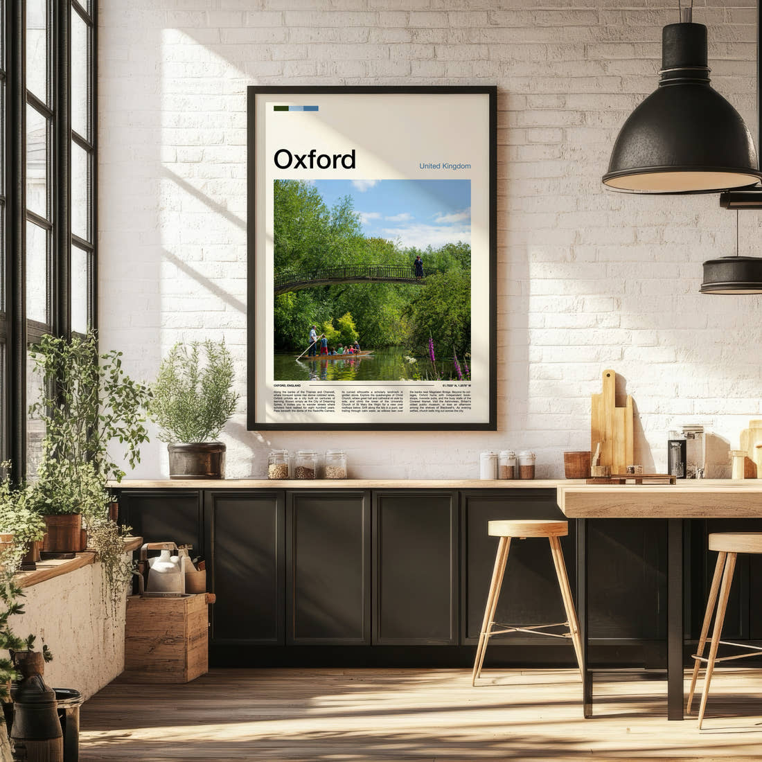 Oxford River Punting Scene Travel Print framed on the wall of a bright kitchen and dining space