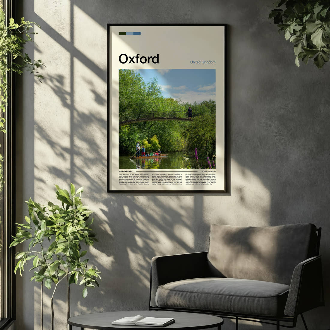 Oxford River Punting Scene Travel Print framed on the wall of a relaxed living room