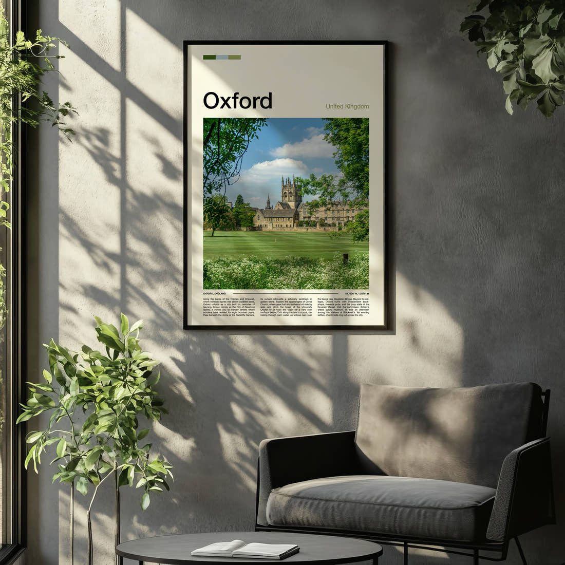 Oxford College Tower And Lawn Travel Print framed on the wall of a relaxed living room