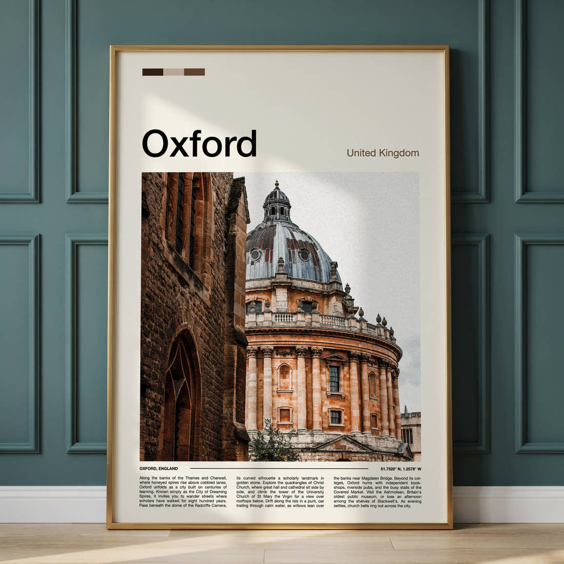 Oxford Radcliffe Camera Dome Travel Print framed on the wall of a calm, neutral bedroom