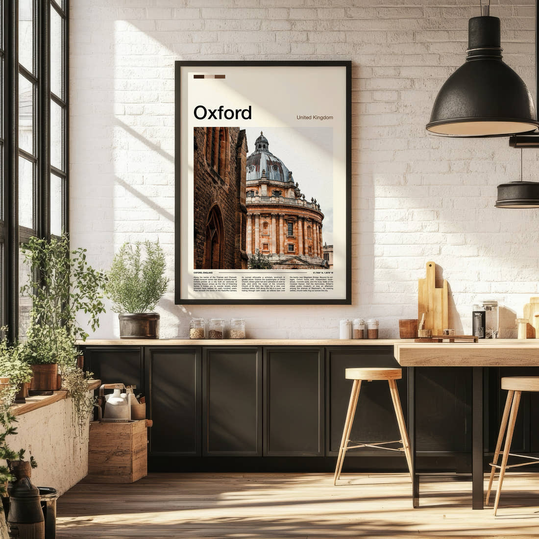 Oxford Radcliffe Camera Dome Travel Print framed on the wall of a bright kitchen and dining space