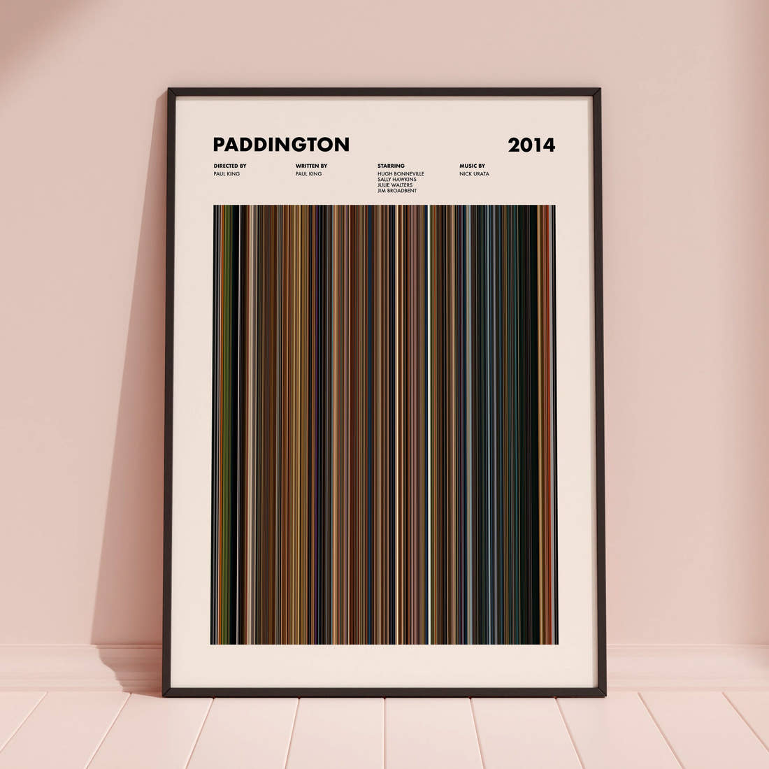 Paddington Movie Barcode Poster framed and leaning against a coloured wall