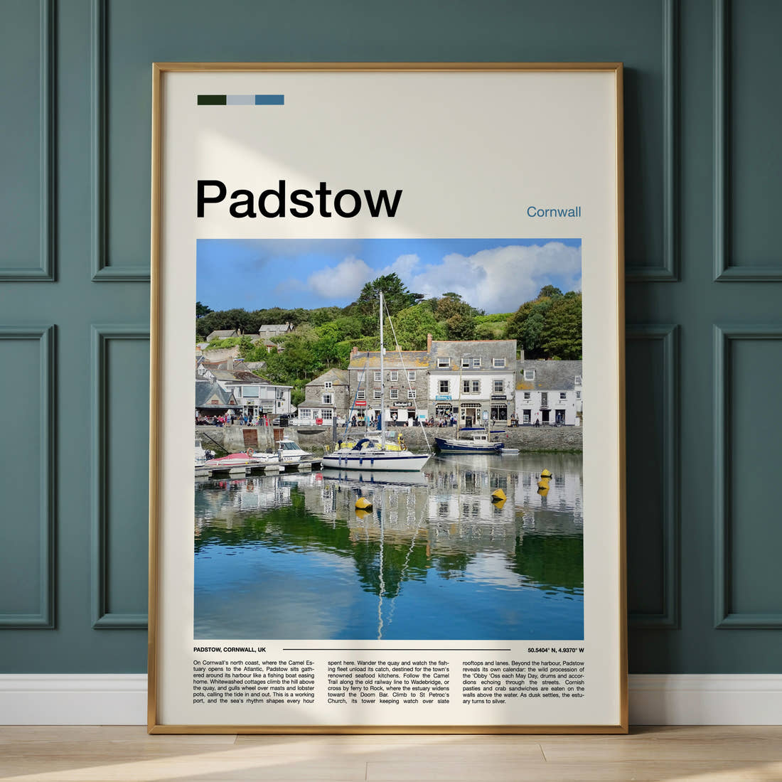 Padstow Harbour Reflections Travel Print framed on the wall of a calm, neutral bedroom