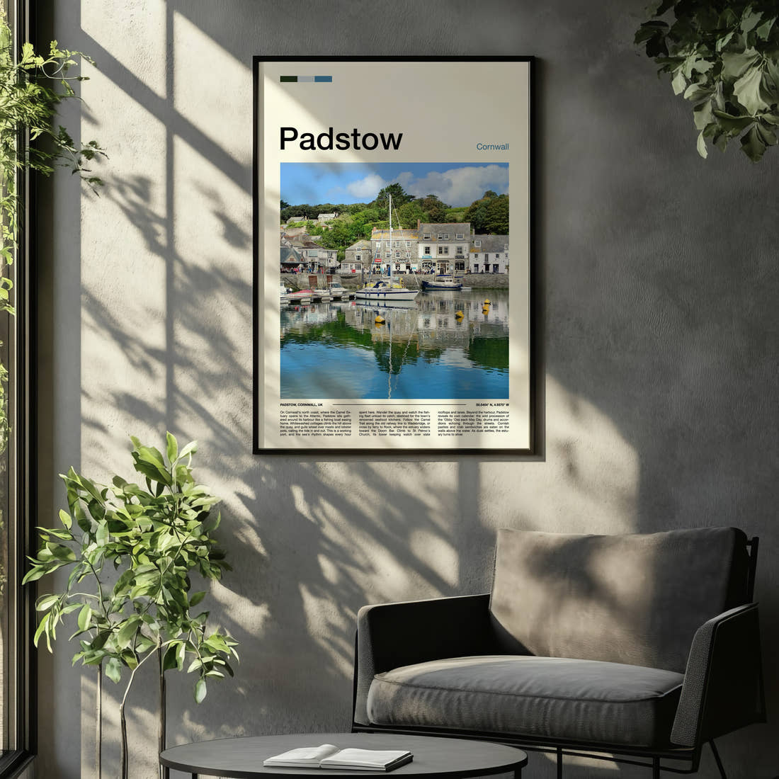 Padstow Harbour Reflections Travel Print framed on the wall of a relaxed living room