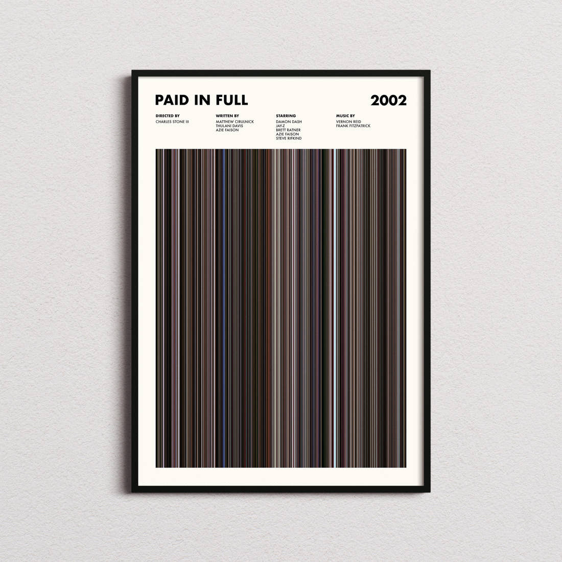 Paid In Full Movie Barcode Poster framed on a plain studio wall