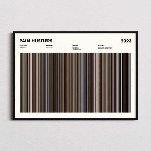Pain Hustlers Movie Barcode Poster framed and photographed straight on