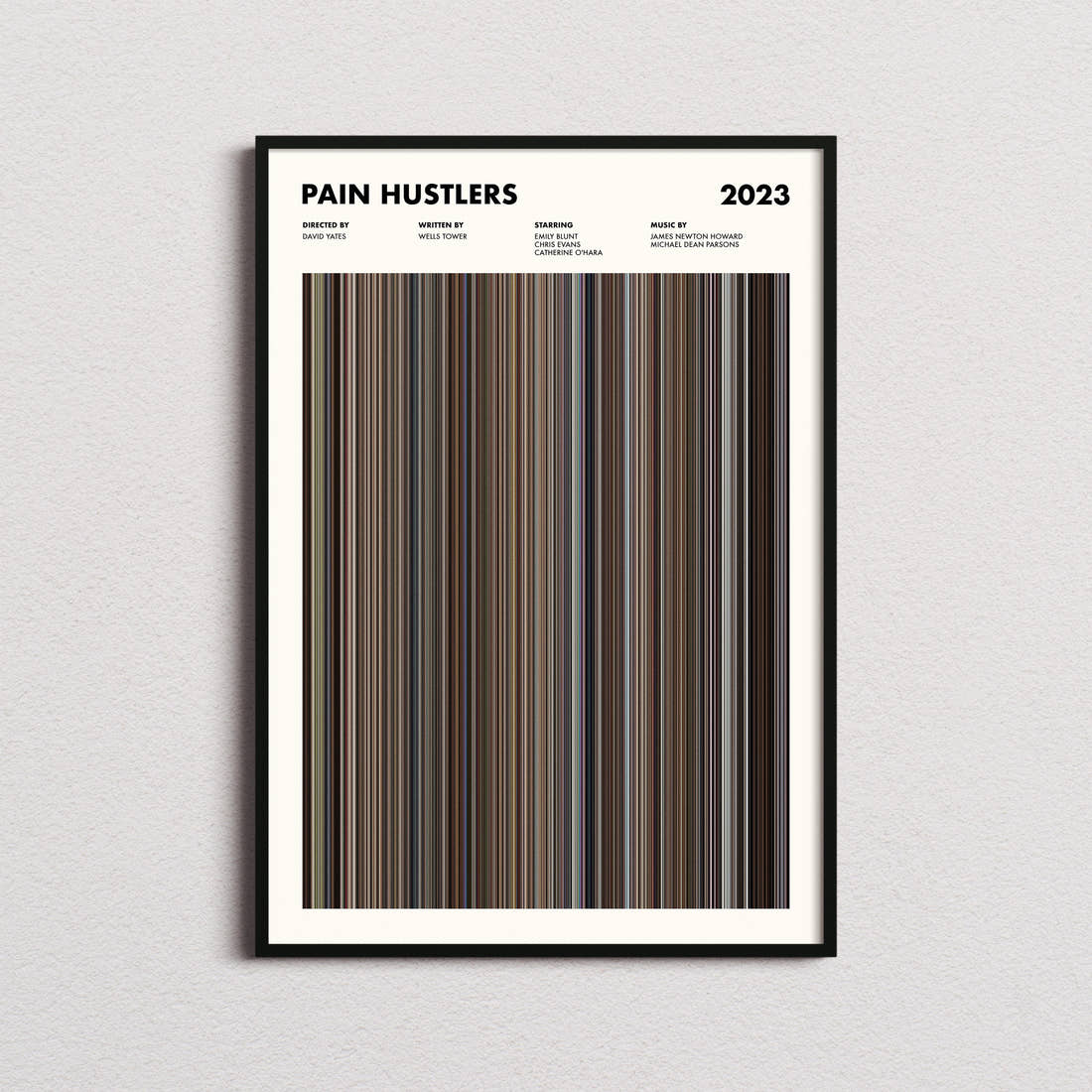 Pain Hustlers Movie Barcode Poster framed on a plain studio wall
