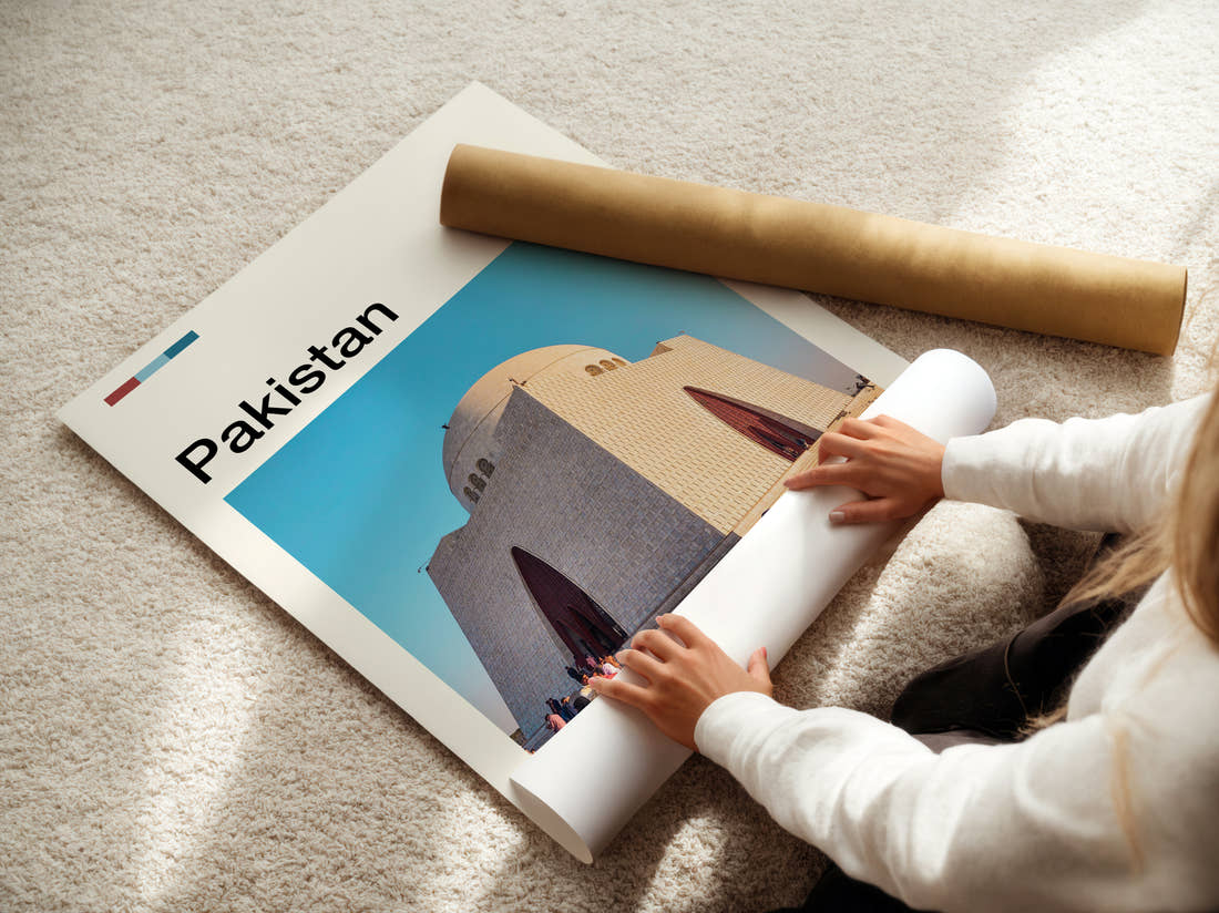 Pakistan Jinnah Mausoleum Travel Print being unrolled from its postal tube