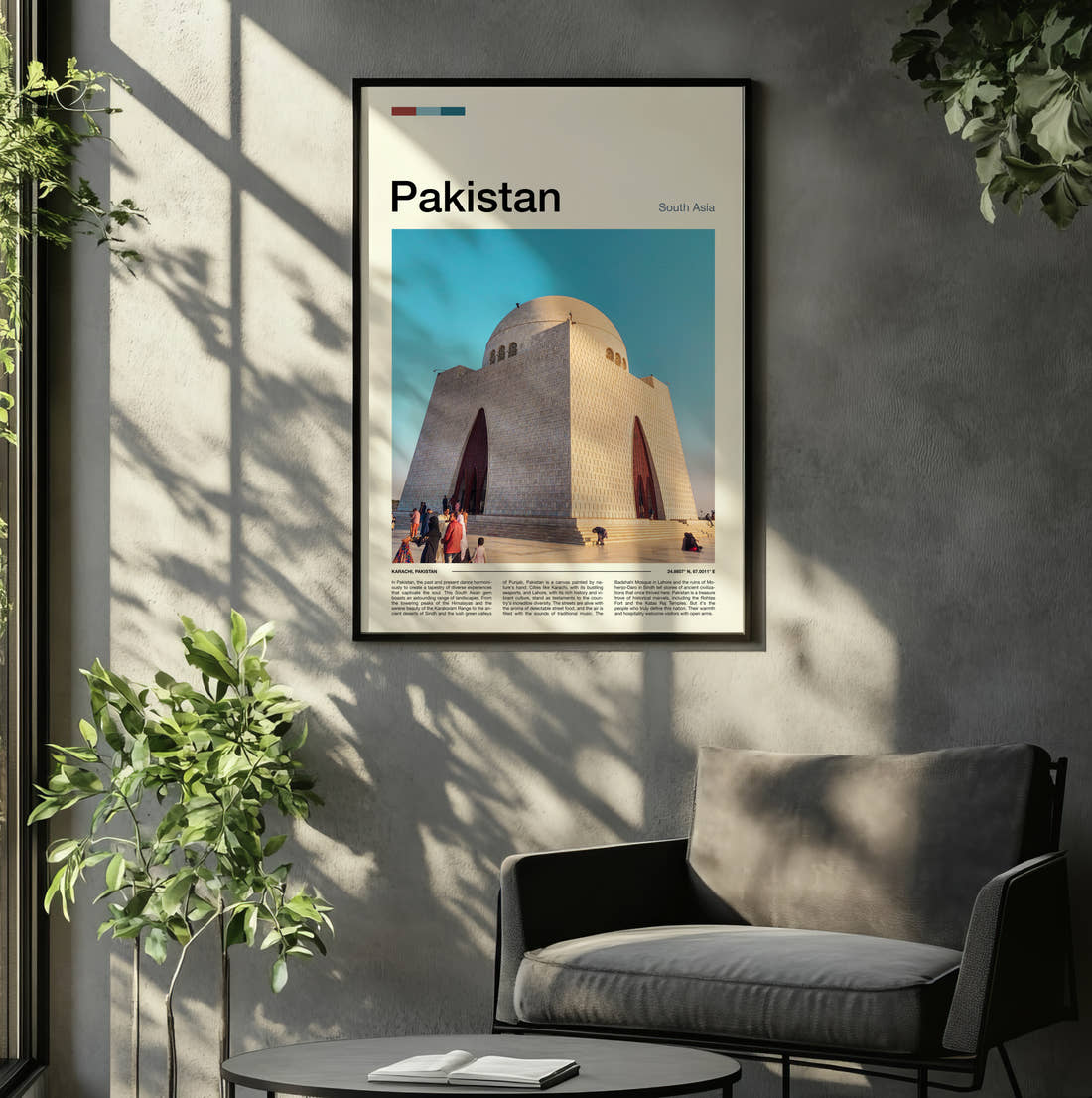 Pakistan Jinnah Mausoleum Travel Print framed on the wall of a relaxed living room