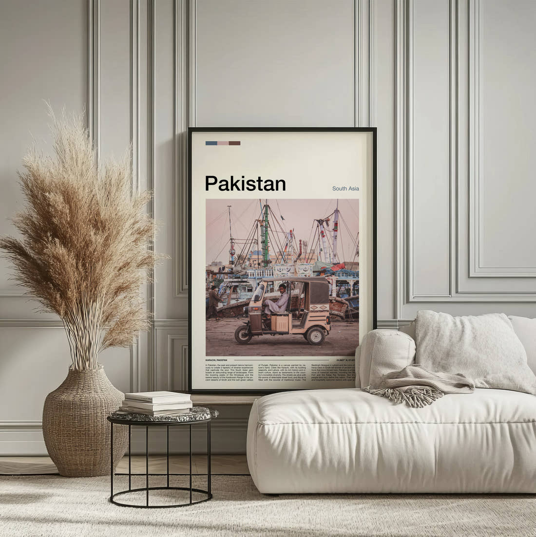 Pakistan Auto Rickshaw And Boats Travel Print framed on the wall of a calm, neutral bedroom