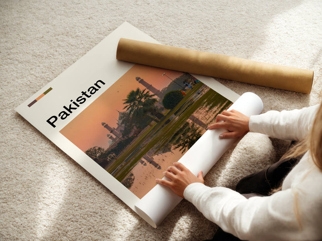 Pakistan Badshahi Mosque At Sunset Travel Print being unrolled from its postal tube