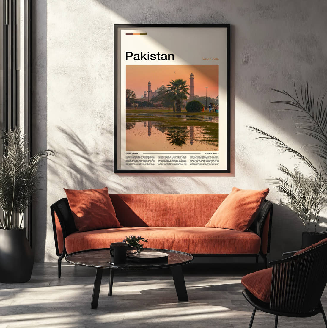 Pakistan Badshahi Mosque At Sunset Travel Print framed on the wall of a modern living room