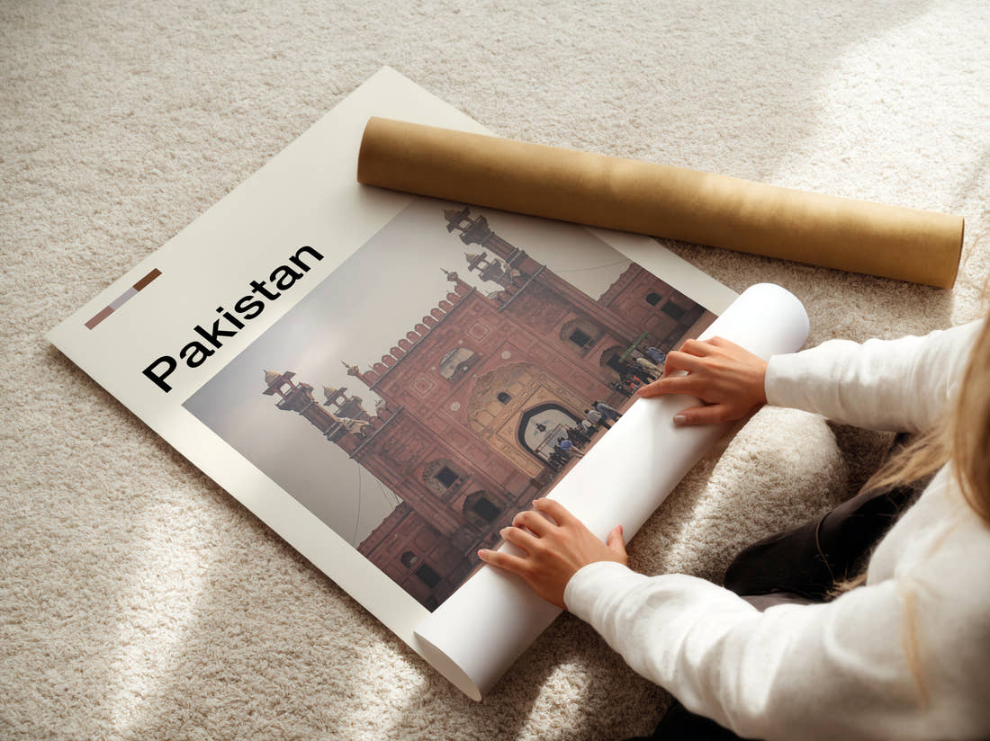 Pakistan Badshahi Mosque Gateway Travel Print being unrolled from its postal tube