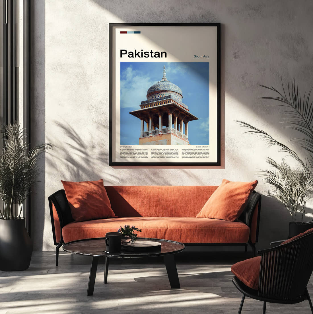 Pakistan Domed Mughal Pavilion Travel Print framed on the wall of a modern living room