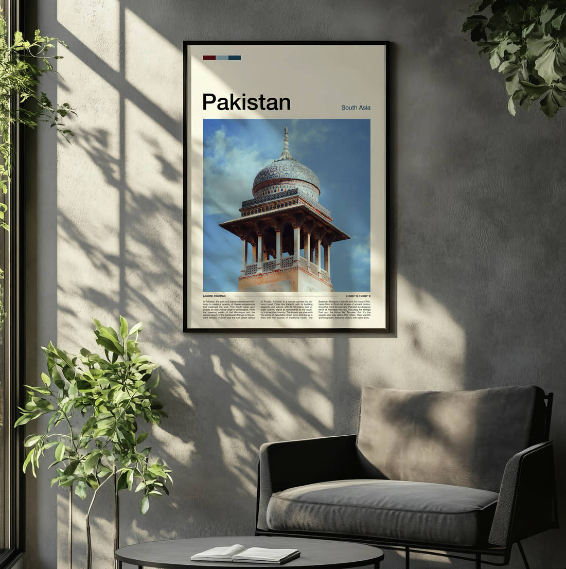 Pakistan Domed Mughal Pavilion Travel Print framed on the wall of a relaxed living room